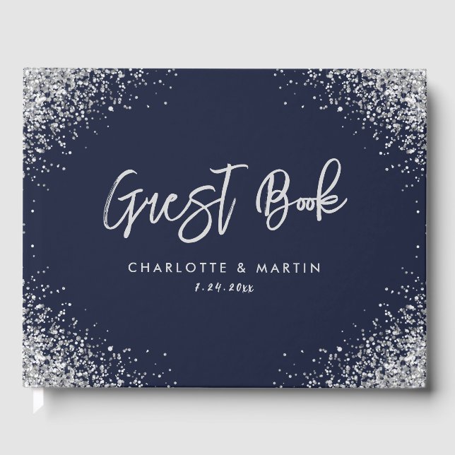 Modern Navy Blue and Silver Glitter Wedding Guest Book (Front)