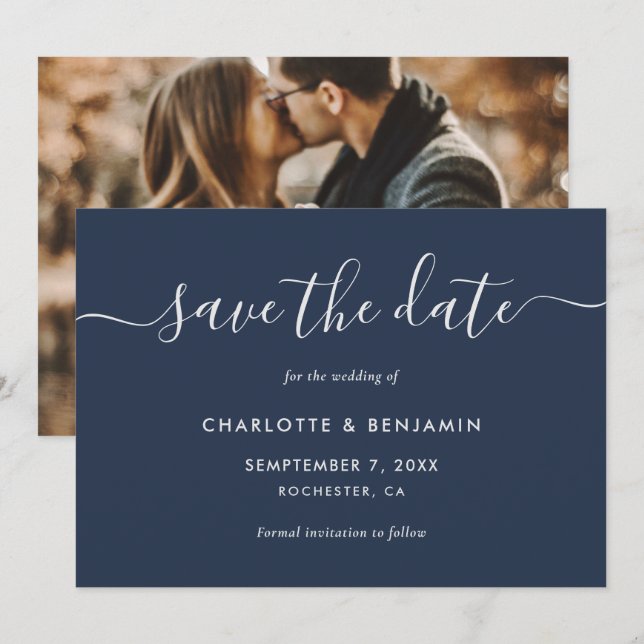 Modern Navy Blue and Silver Photo Wedding Announcement (Front/Back)