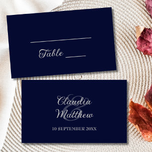 Modern Navy Blue and Silver Script Wedding  Place Card