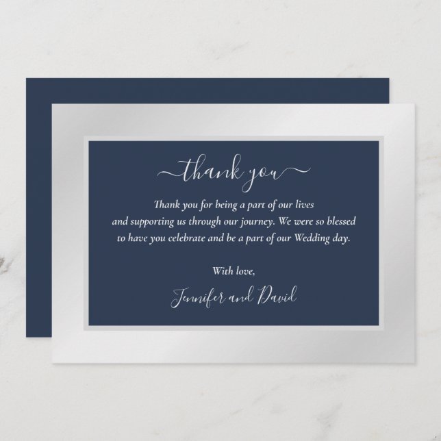Modern Navy Blue and Silver Thank You Card (Front/Back)
