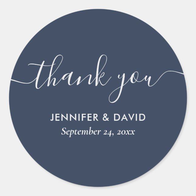 Modern Navy Blue and Silver Thank You Classic Round Sticker (Front)