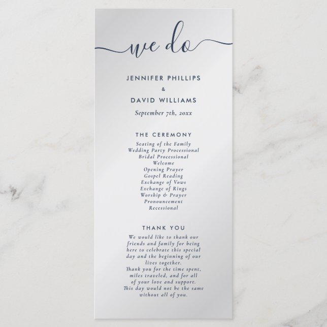 Modern Navy Blue and Silver We Do Wedding Programme (Front)