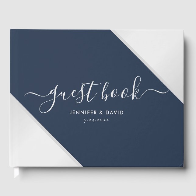 Modern Navy Blue and Silver Wedding Guest Book (Front)