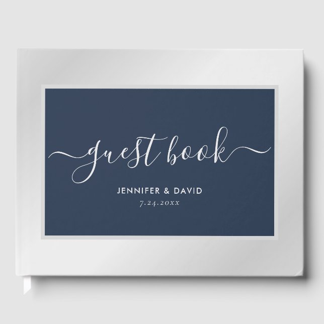 Modern Navy Blue and Silver Wedding Photo Guest Book (Front)