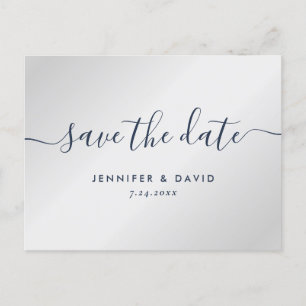 Modern Navy Blue and Silver Wedding Save The Date Announcement Postcard