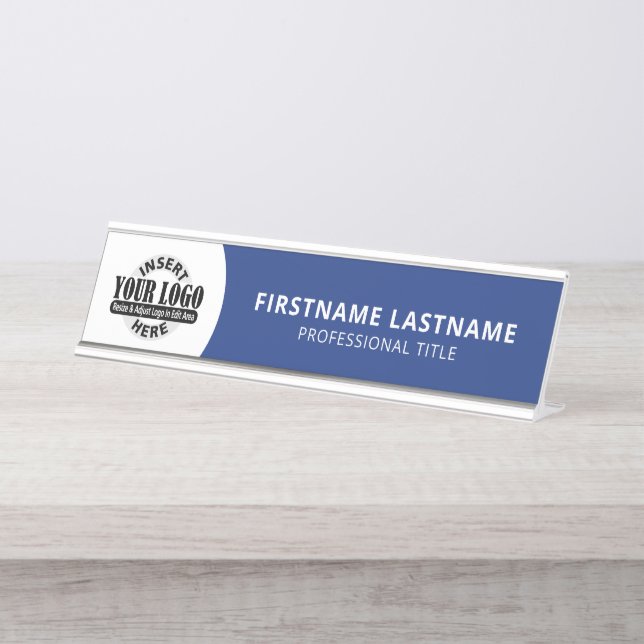 Modern Navy Blue and White - Add Logo, Name, Title Desk Name Plate (Front)