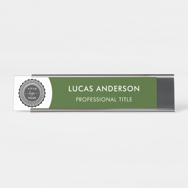 Modern Navy Blue and White - Add Logo, Name, Title Desk Name Plate (Front)