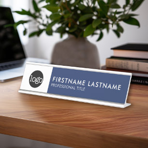 Modern Navy Blue and White - Add Logo, Name, Title Desk Name Plate