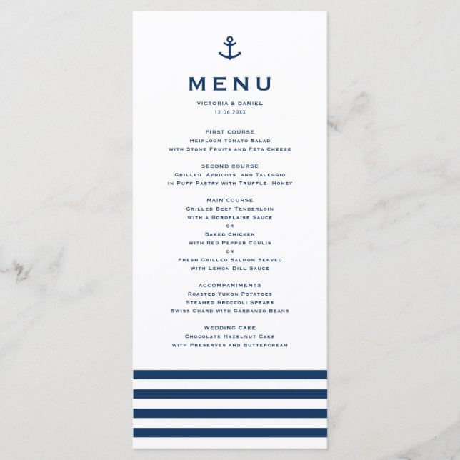 Modern Navy Blue and White Anchor Nautical Wedding Menu (Front)
