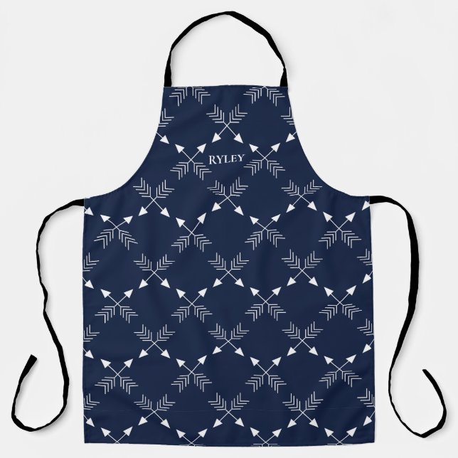 Modern Navy Blue and White Arrow Pattern Monogram Apron (Front)