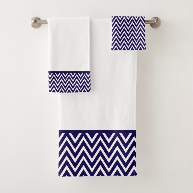 Modern Navy Blue and White Chevron Stripe Bath Towel Set (Insitu)