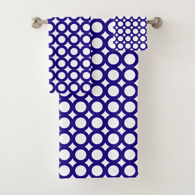 Modern Navy Blue and White Circles Bath Towel Set (Insitu)