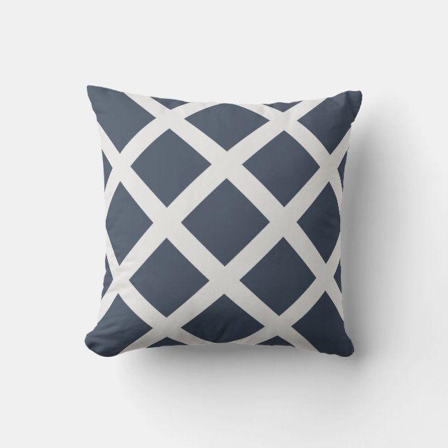 Modern Navy Blue and White Criss Cross Stripes Outdoor Cushion (Front)