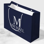 Modern Navy Blue and White Personalised Groomsman Large Gift Bag<br><div class="desc">Modern Personalised Groomsman Gifts
featuring personalised monogram,  groomsman's name and title in white classic serif font style on navy blue background.

Also perfect for best man,  father of the bride,  ring bearer and more.</div>