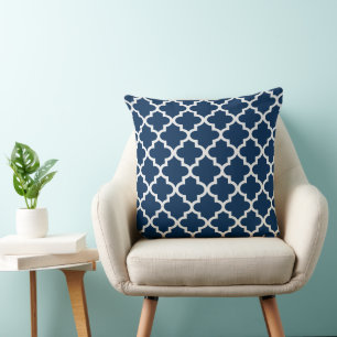 Modern Navy Blue and White Quatrefoil Pattern Cushion