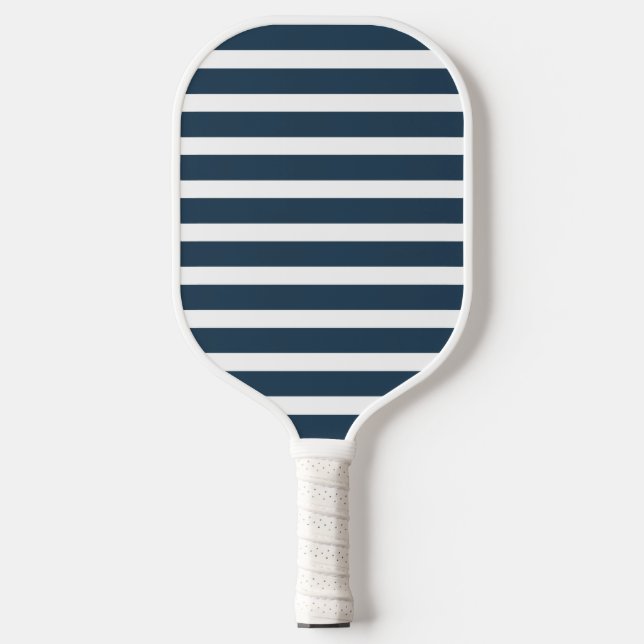 Modern Navy Blue and White Stripe Monogram Pickleball Paddle (Front)