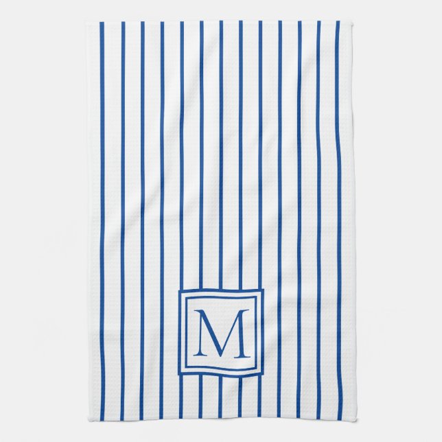 Modern Navy Blue and White Stripe Monogram Tea Towel (Vertical)