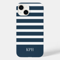 Modern Navy Blue and White Stripe with Monogram 