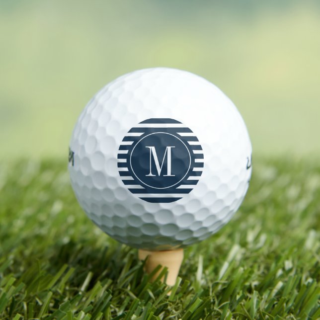 Modern Navy Blue and White Stripe with Monogram  Golf Balls (Insitu Tee)