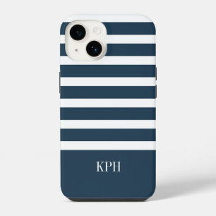 Modern Navy Blue and White Stripe with Monogram iPhone 14 Case