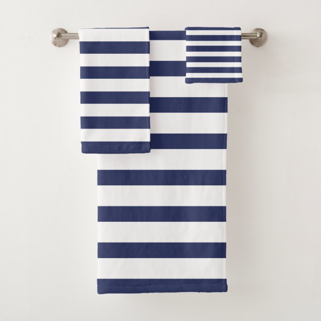 Modern Navy Blue And White Striped Bath Towel Set (Insitu)