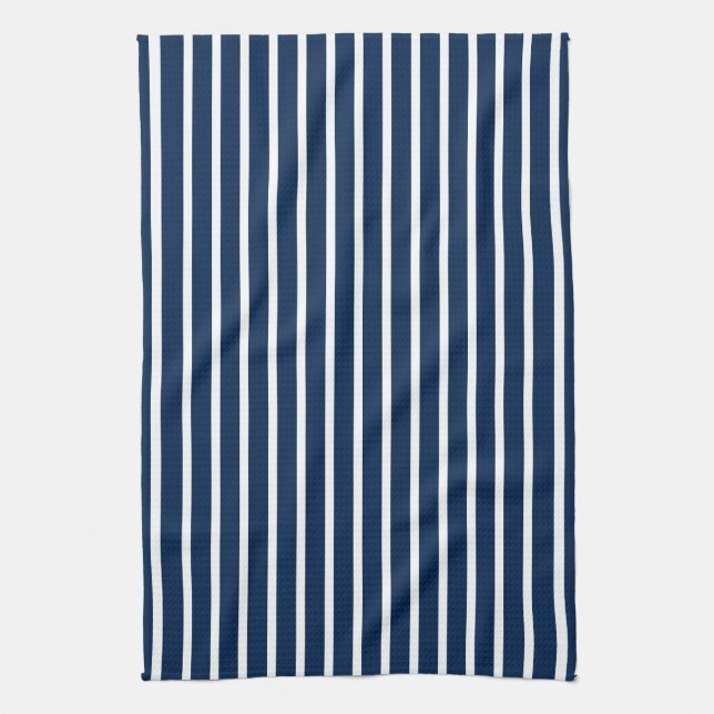 Modern navy blue and white stripes pattern chic tea towel (Vertical)