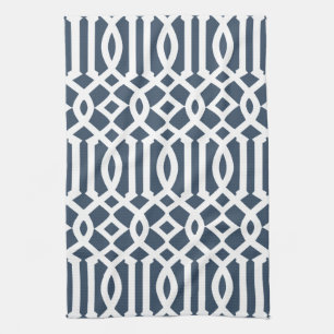 Modern Navy Blue and White Trellis Pattern Tea Towel