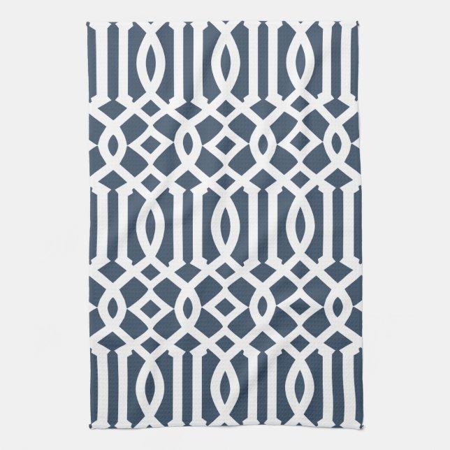 Modern Navy Blue and White Trellis Pattern Tea Towel (Vertical)