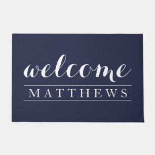 Modern navy blue and white Welcome Doormat