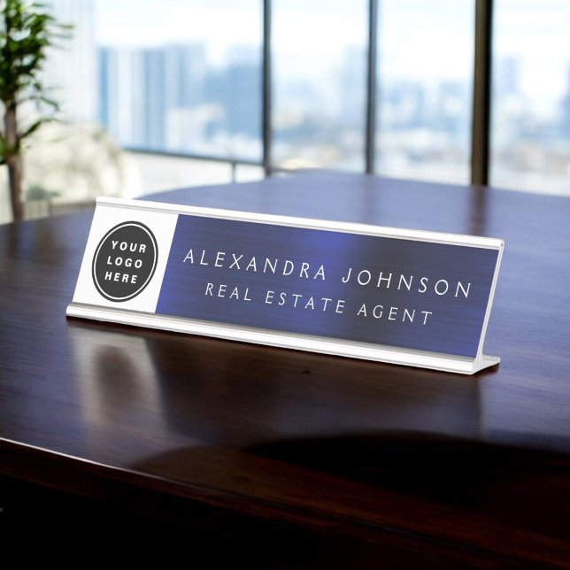 Modern Navy Blue and White with Logo, Name, Title Desk Name Plate (Creator Uploaded)