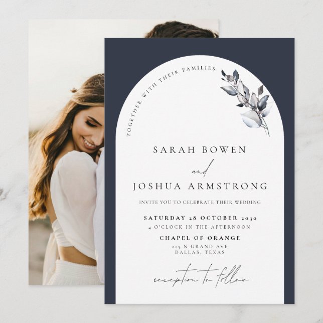 Modern Navy Blue Arch Botanical Photo Wedding Invitation (Front/Back)