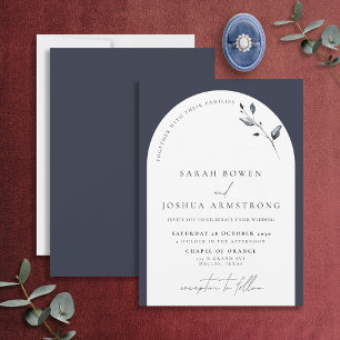 Modern Navy Blue Arch Botanical Script Wedding Inv Invitation