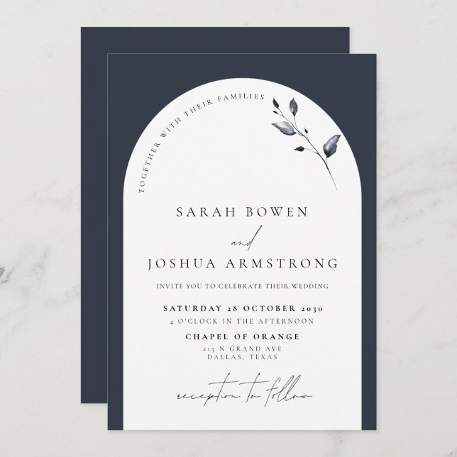 Modern Navy Blue Arch Botanical Script Wedding Invitation (Front/Back)