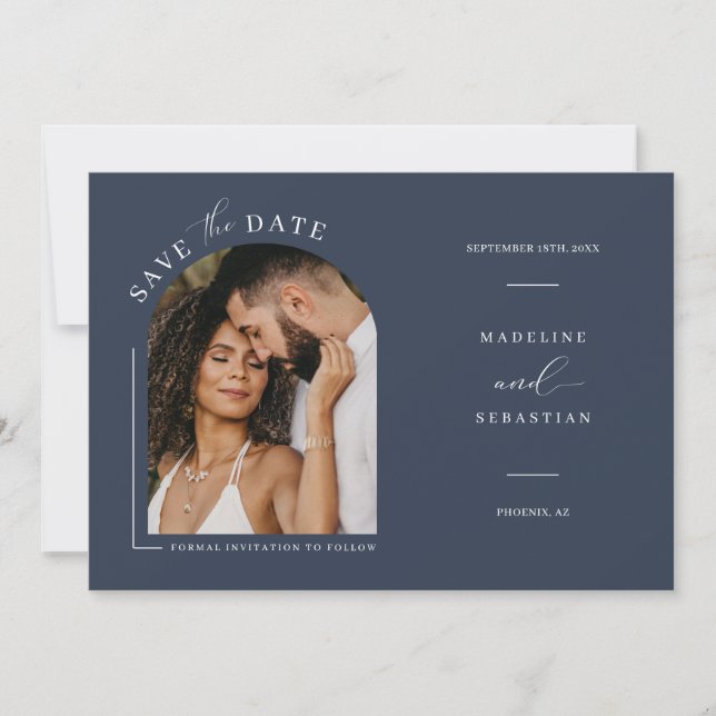 Modern Navy Blue Arch Photo QR Code Save the Date  Invitation (Front)