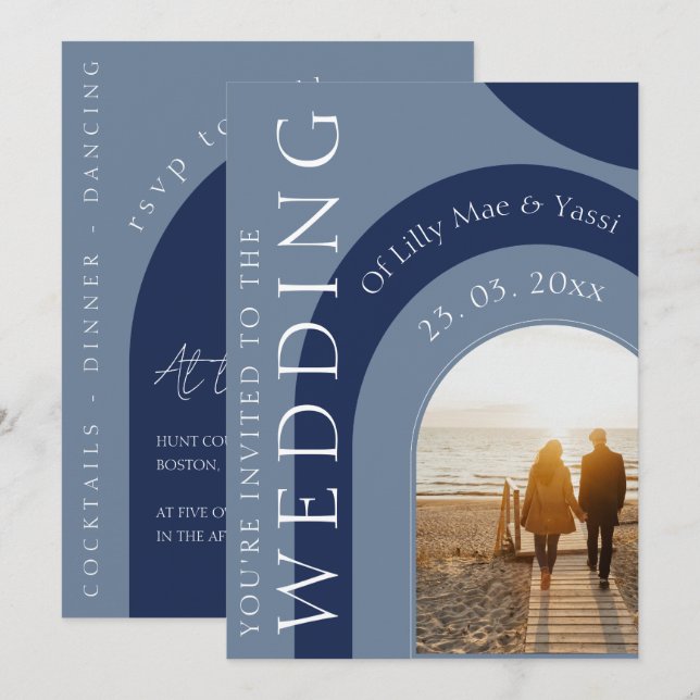 Modern Navy Blue Arch Photo Wedding Invitation (Front/Back)