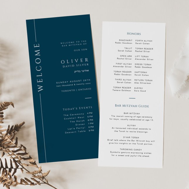 Modern Navy Blue Bar Mitzvah Program Card Timeline (Creator Uploaded)