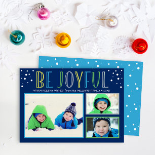 Modern Navy Blue Be Joyful Photo Collage Holiday Card