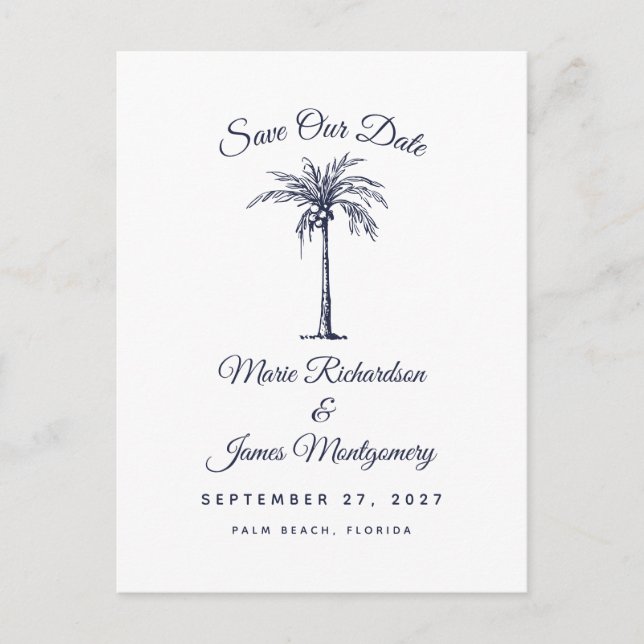 Modern Navy Blue Beach Wedding Save the Date Announcement Postcard (Front)