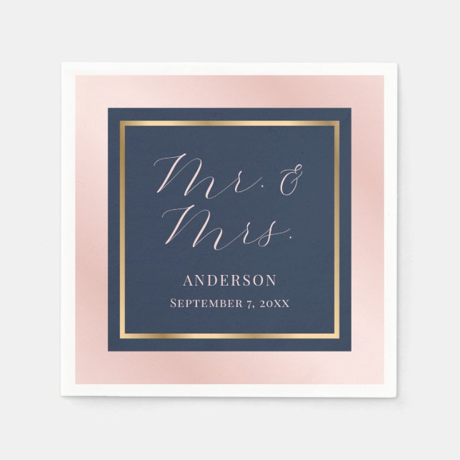 Modern Navy Blue Blush and Gold Wedding Napkins (Front)