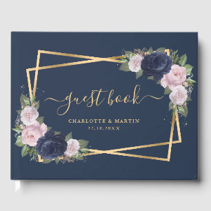 Modern Navy Blue Blush Gold Geometric Wedding Guest Book