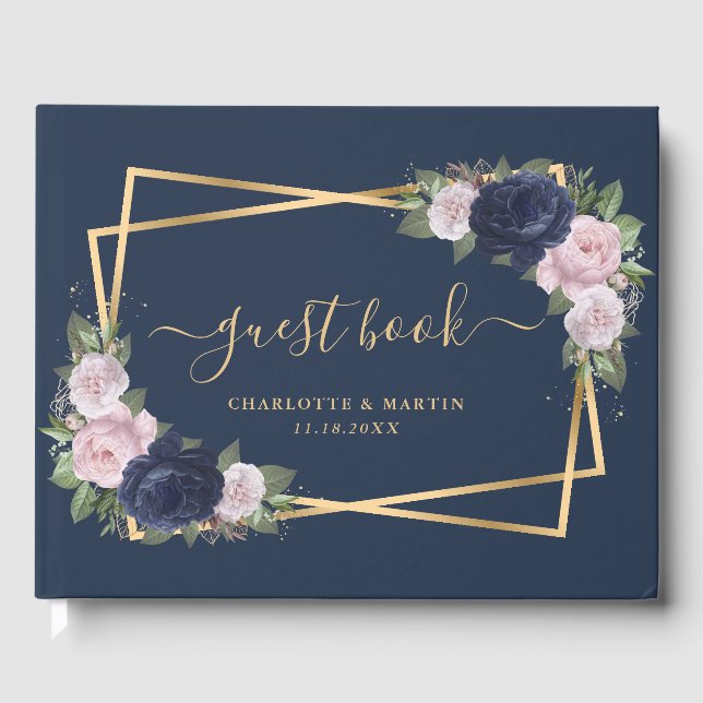 Modern Navy Blue Blush Gold Geometric Wedding Guest Book (Front)