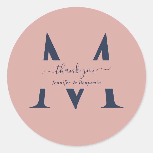 Modern Navy Blue Blush Monogram Wedding Thank You Classic Round Sticker (Front)