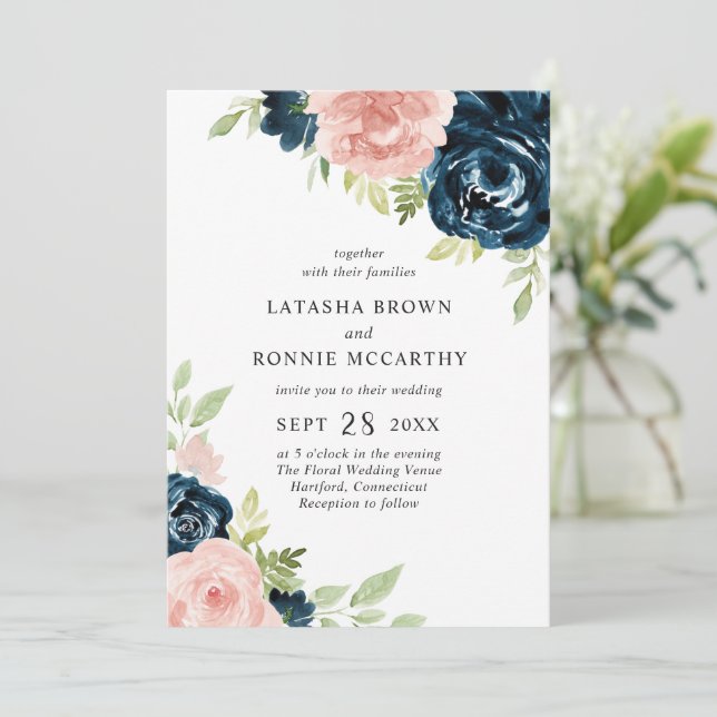 Modern Navy Blue Blush Pink Floral Elegant Wedding Invitation (Standing Front)