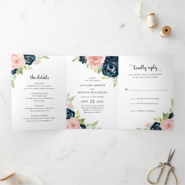 Modern Navy Blue Blush Pink Floral Elegant Wedding Tri-Fold Invitation (Inside)