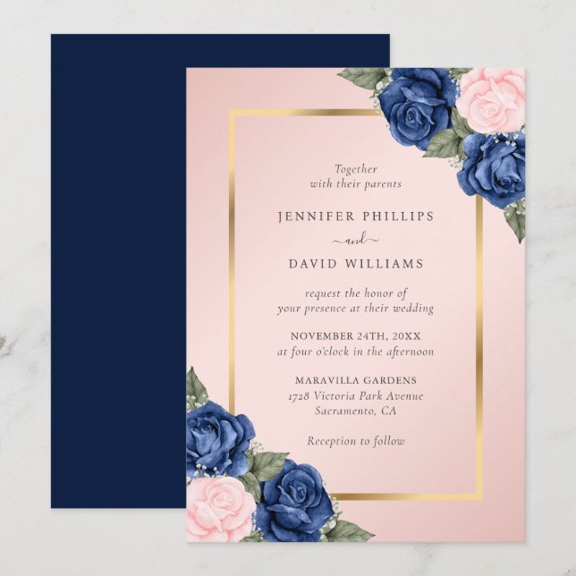Modern Navy Blue Blush Pink Gold Floral Wedding Invitation (Front/Back)