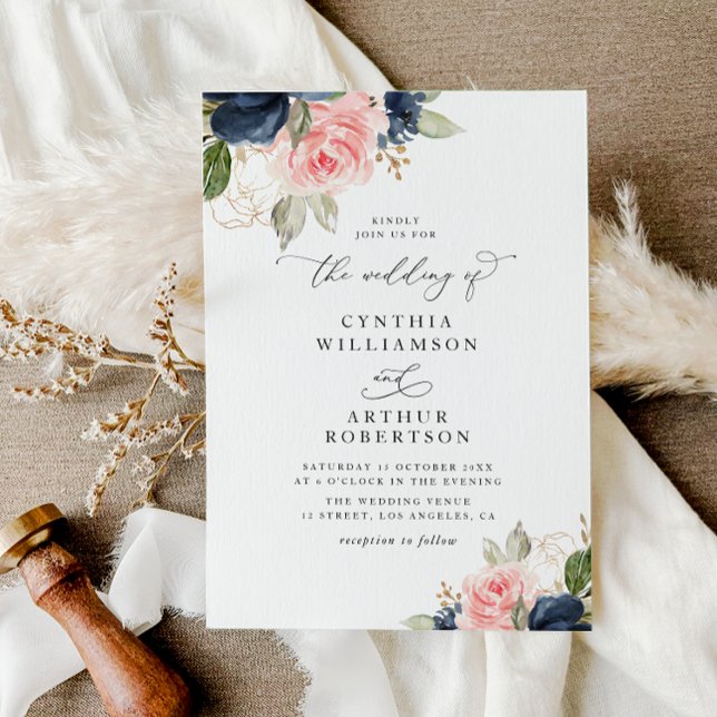 modern navy blue & blush watercolor floral wedding invitation (Creator Uploaded)