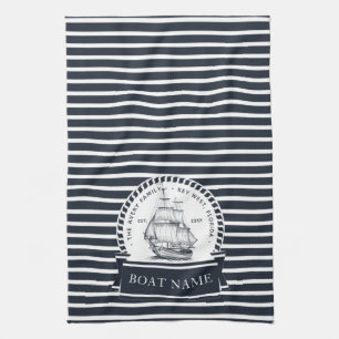 Modern Navy Blue Boat Name Personalised Tea Towel