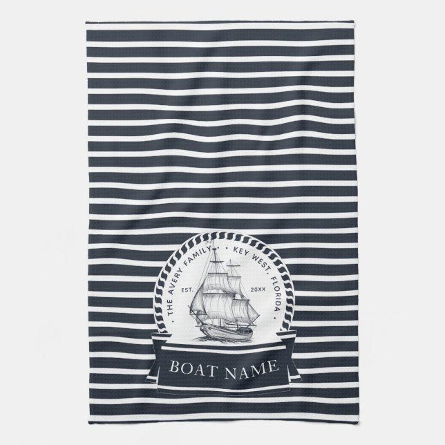 Modern Navy Blue Boat Name Personalised Tea Towel (Vertical)