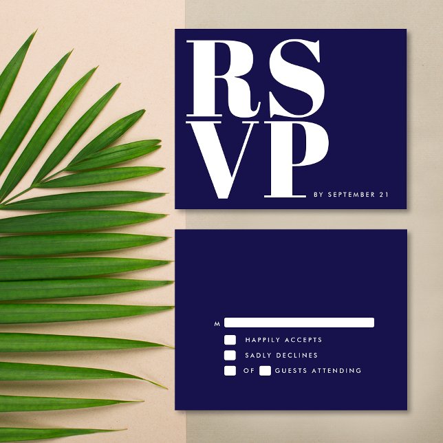Modern Navy Blue Bold Minimalist Simple Wedding RSVP Card (Front / Back)