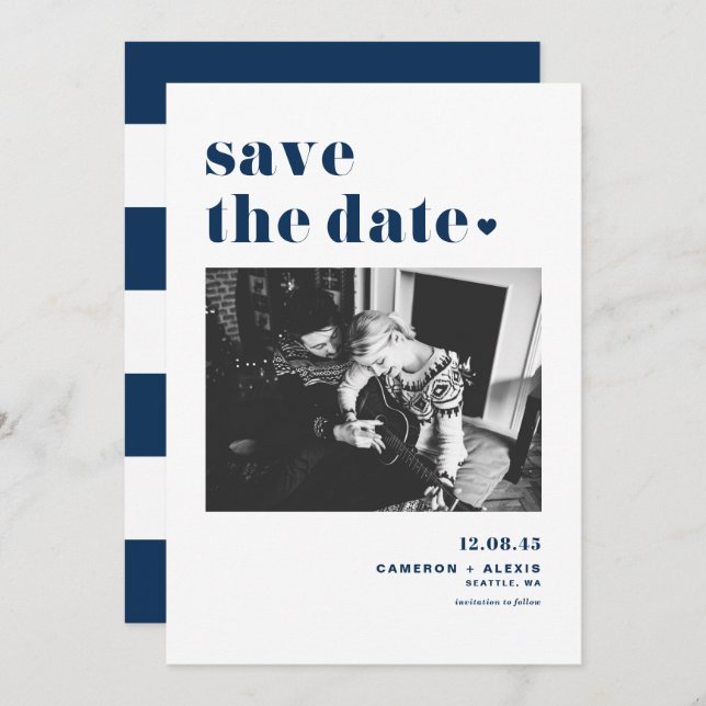 Modern Navy Blue Bold Typography with Heart Photo Save The Date (Front/Back)